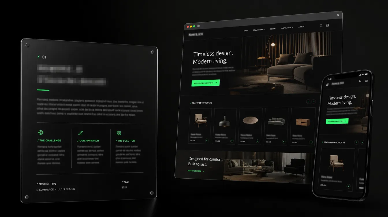 Mobilya e-ticaret ana sayfa konseptinin desktop ve mobil mockup sunumu