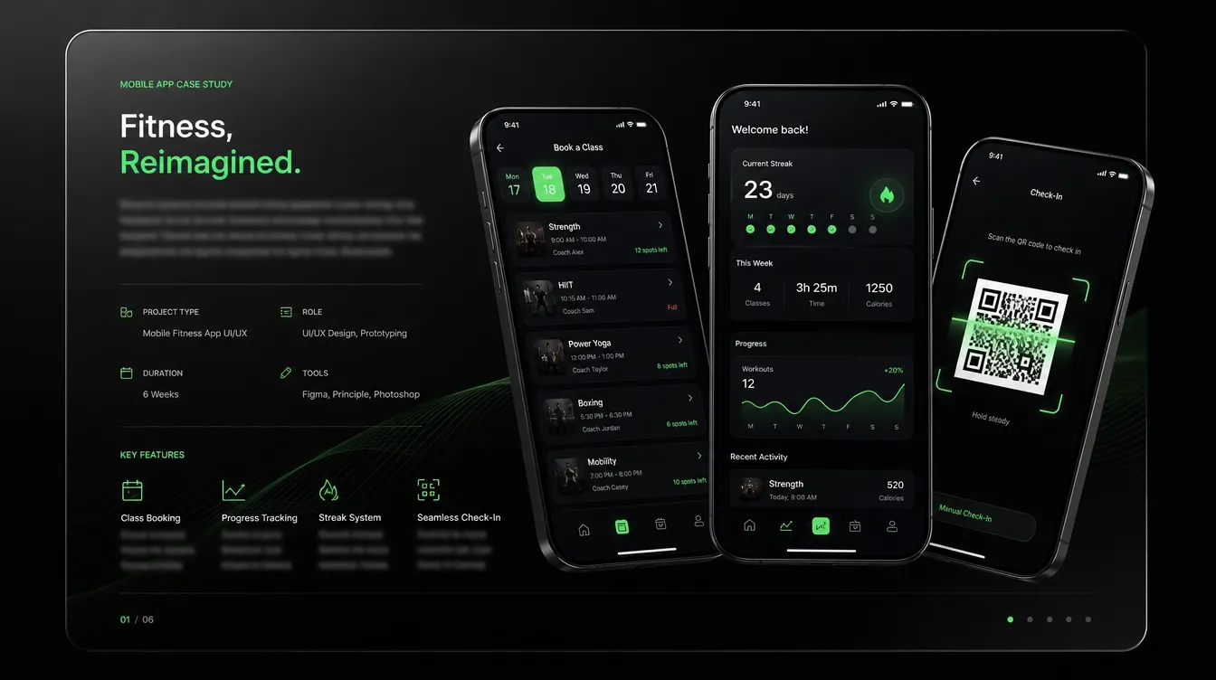 Fitness uygulaması arayüz konseptinin üçlü telefon mockup sunumu