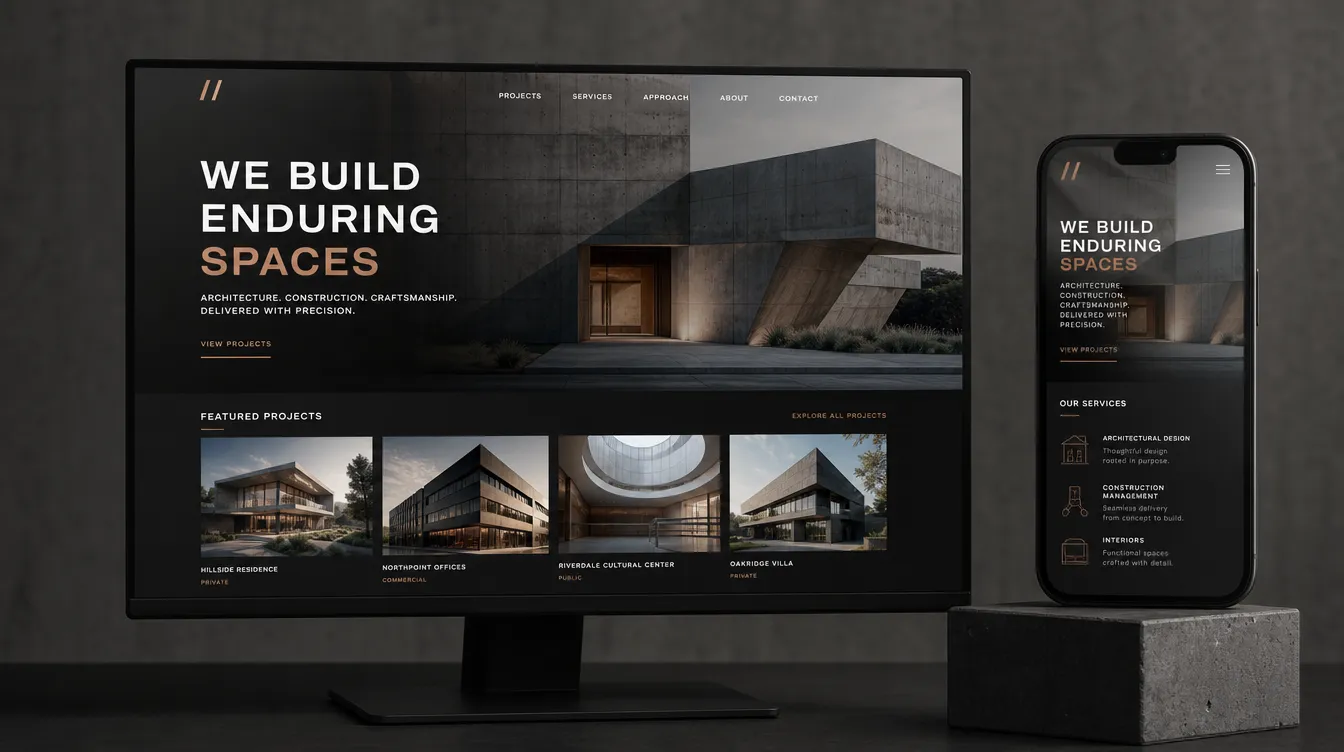 İnşaat/mimarlık firması web sitesi konseptinin beton grisi-bakır tonlarında mockup sunumu