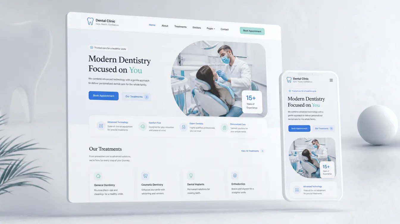 Klinik web sitesi konseptinin medikal mavi-mint tonlarında desktop ve mobil mockup sunumu