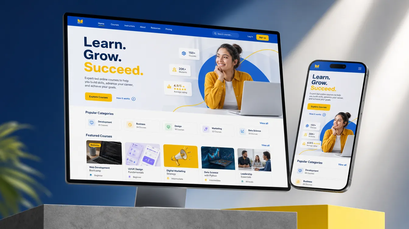 Kurs/eğitim merkezi web sitesi konseptinin enerjik mavi-sarı tonlarında mockup sunumu